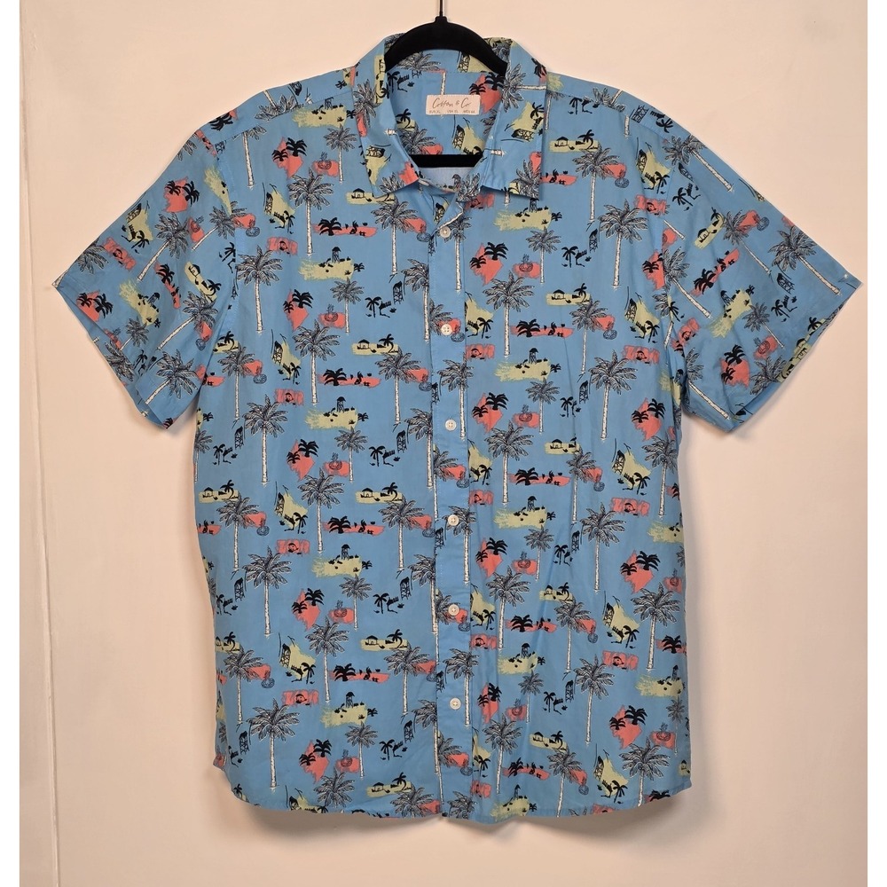 Cotton & Co Men's Short Sleeve Shirt Blue Palm Tree XL